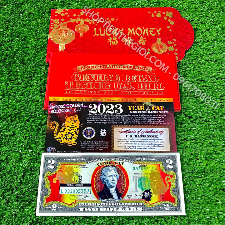 Tiền 2 USD Hình Con Mèo Mạ Vàng 2023 (Mẫu 1 Mèo Đứng)